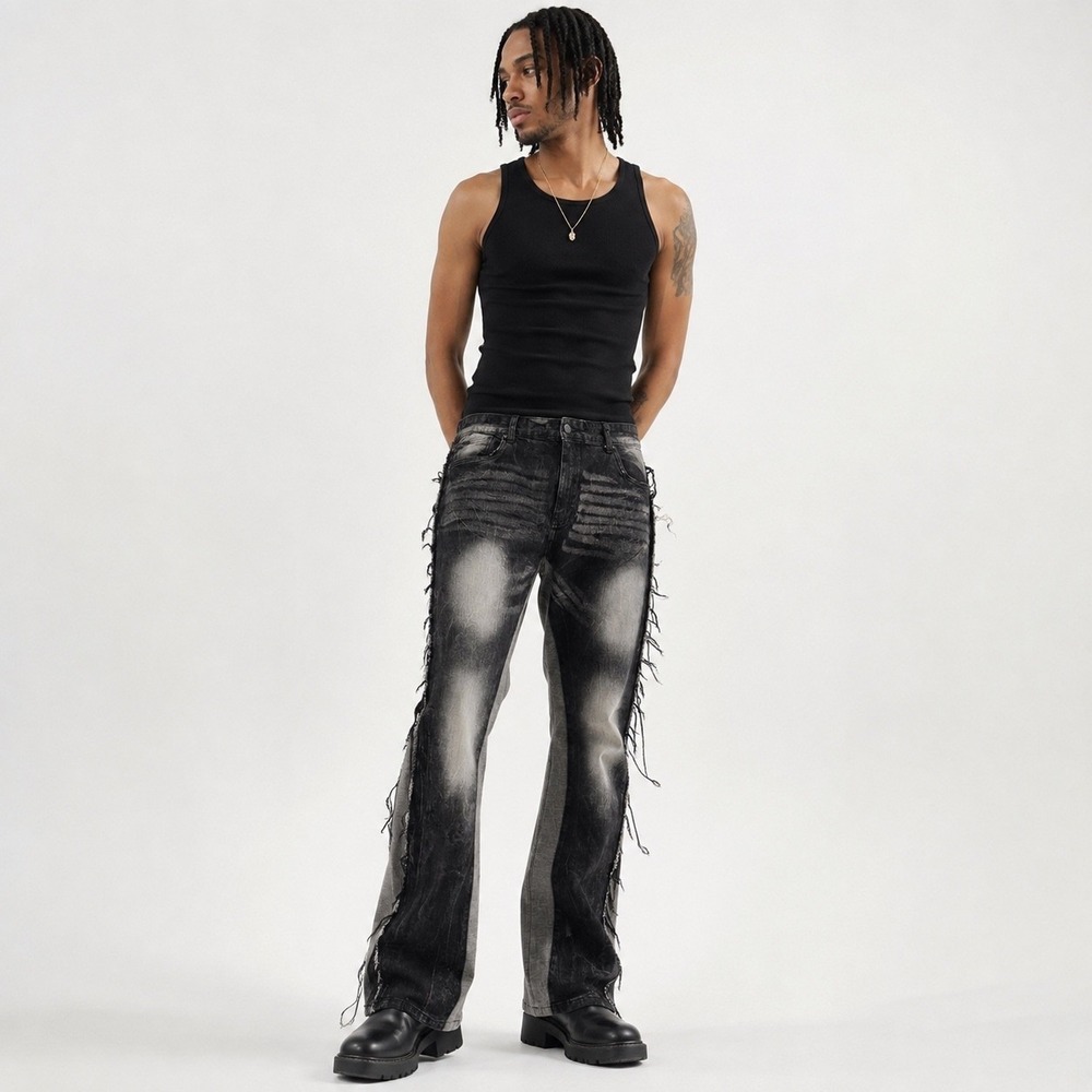 Legendary Status Mens Stacked Fit Frayed Fringe Jeans Black Wash Size 48 Stretch